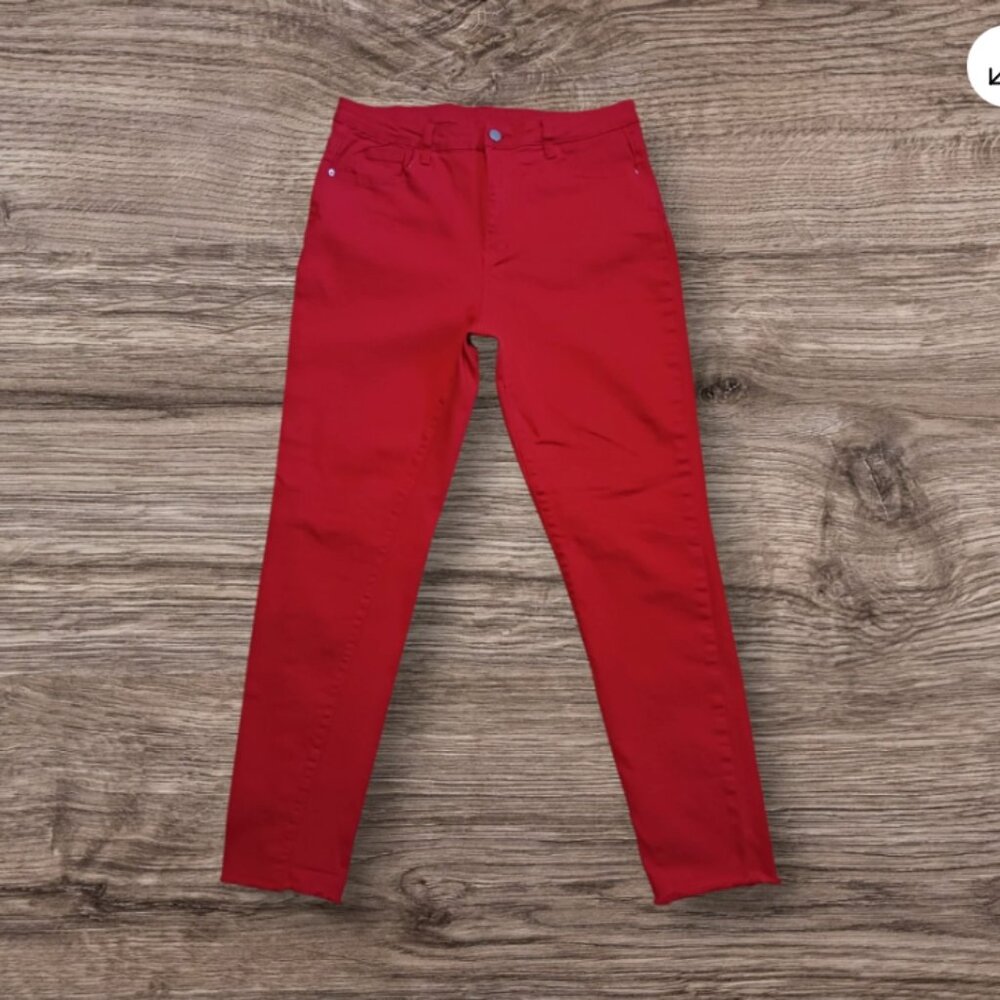 Shein Jeans Skinny Stretch High Rise Denim XL / 12 Red Cropped Raw Hem 30x28